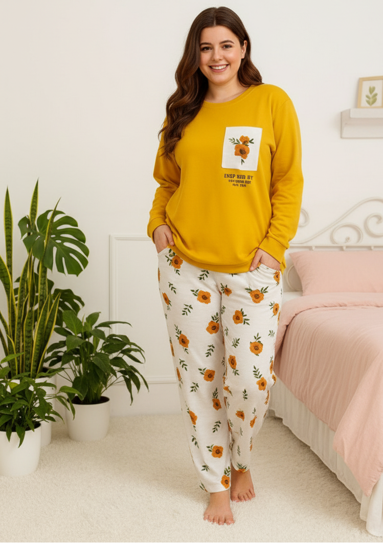 Winter Yellow Flower Co-Ord Set Night Suit