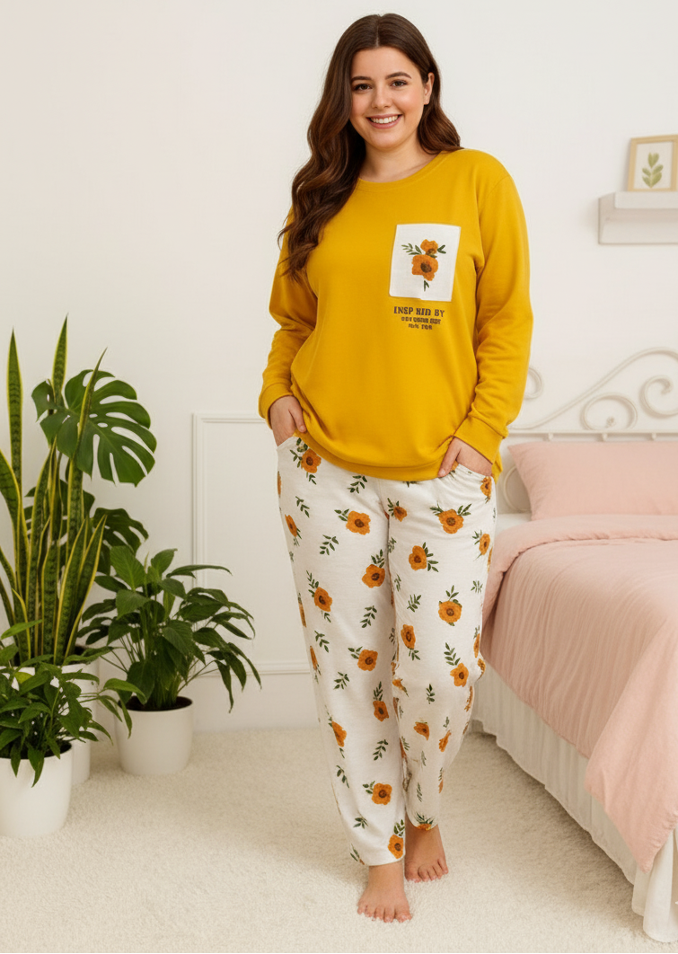 Winter Yellow Flower Co-Ord Set Night Suit
