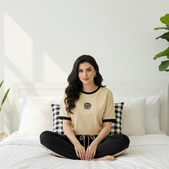 Black Flower Creamy 2 PC Nightwear