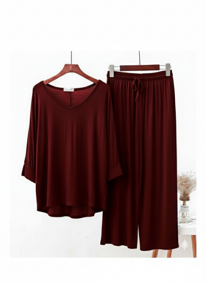 Maroon V-Neck Women Night Suit PJ Set