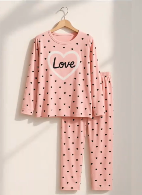 Pink Love Pattern 2 PC Nightwear Nightdress