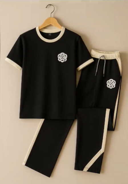 White Flower Black Nightwear Nightsuit