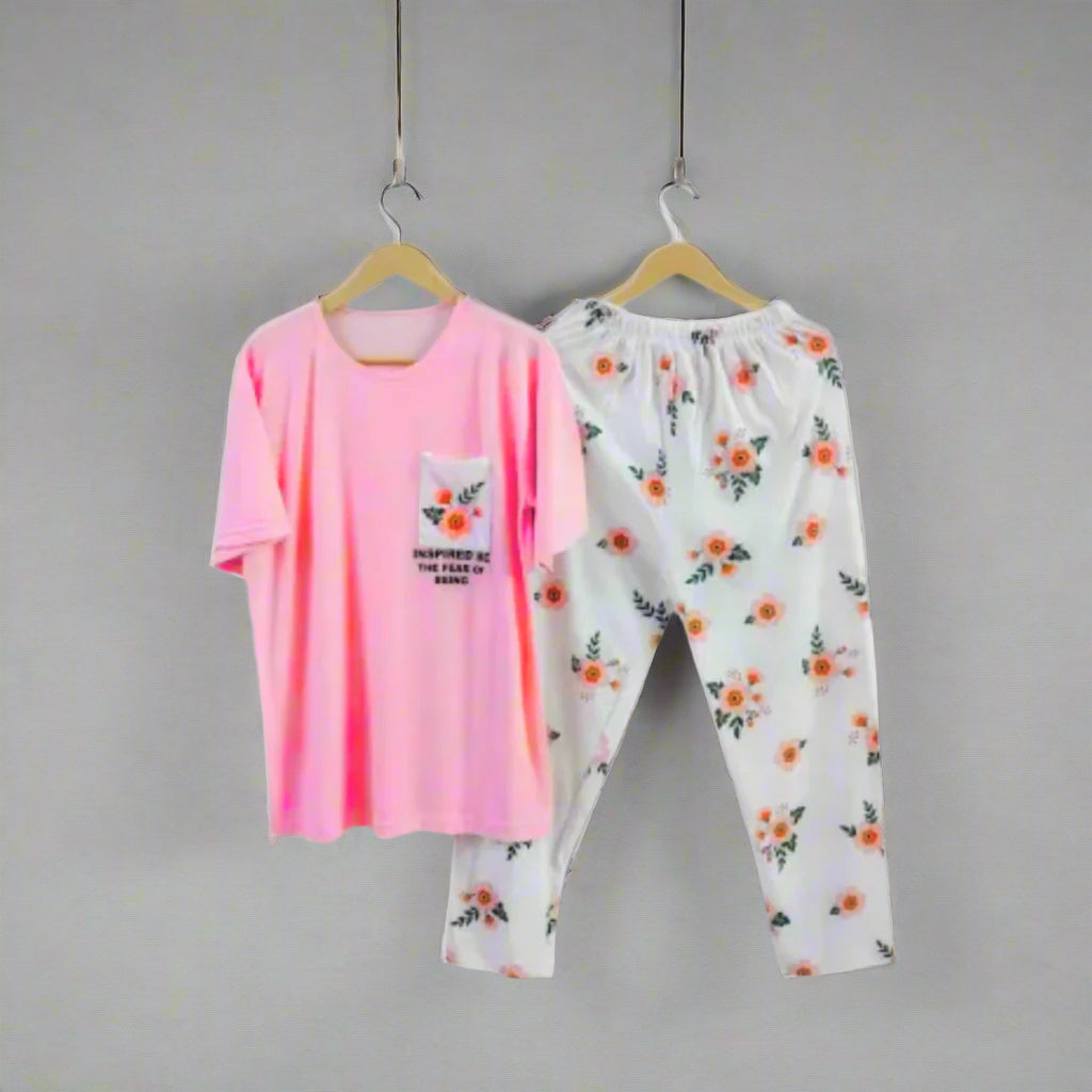 Pink Flower 2 PC Nightwear Nightdress