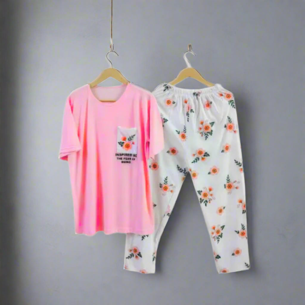 Pink Flower 2 PC Nightwear Nightdress