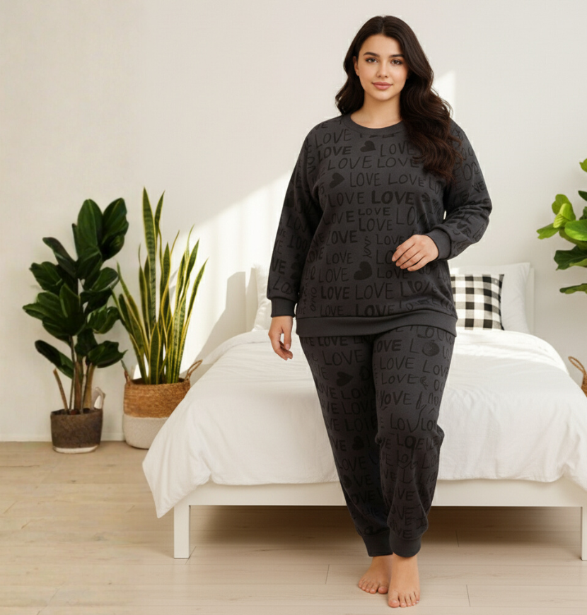 Winter Gray Love Pattern Co-Ord Set Night Suit