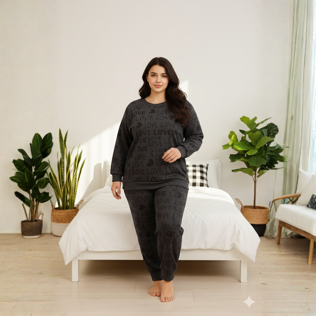 Winter Gray Love Pattern Co-Ord Set Night Suit