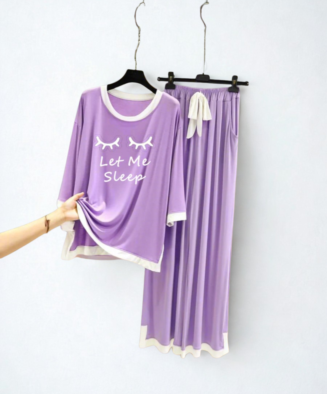Purple Let me Sleep White Round Neck Palazzo PJ Set