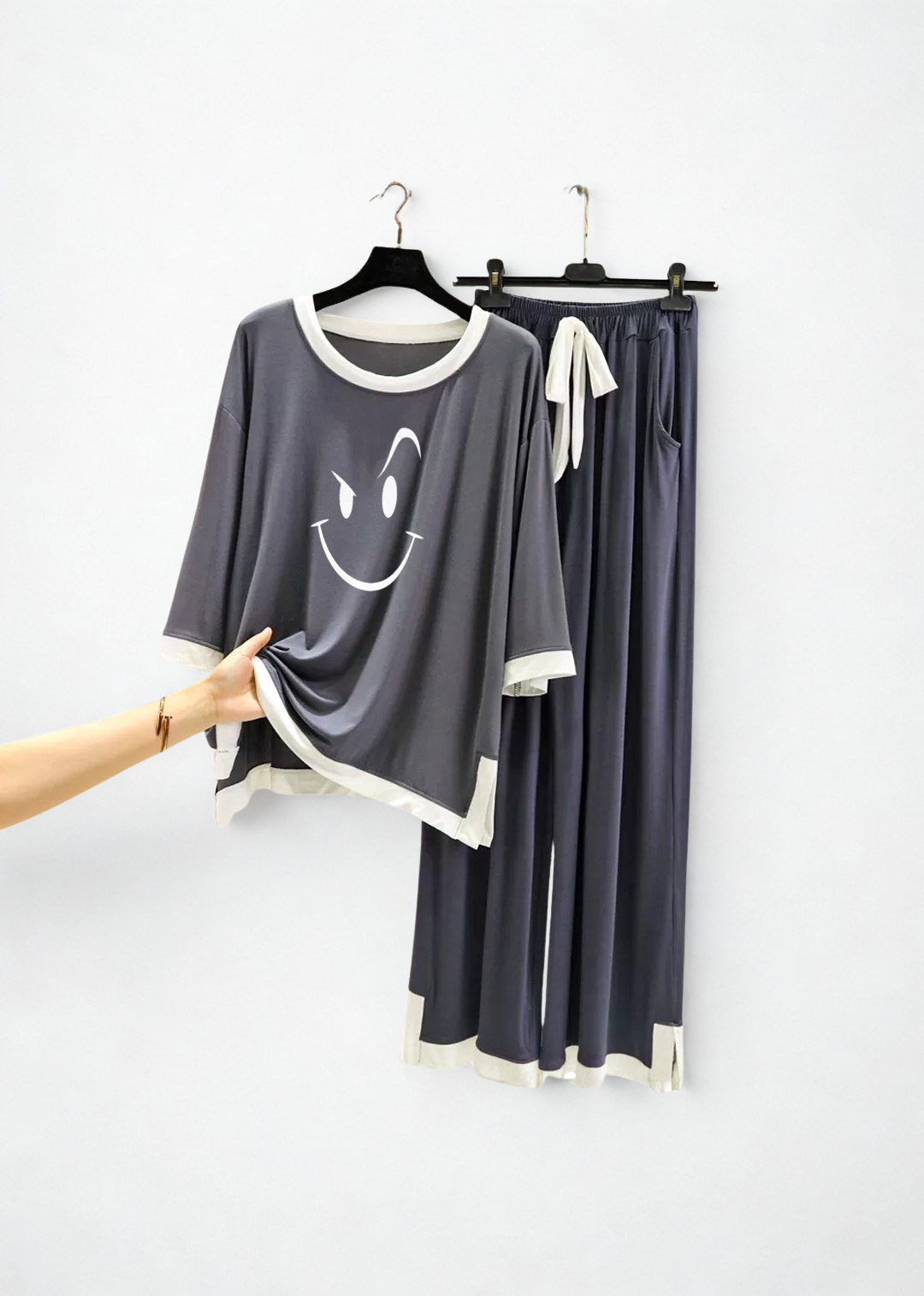 Grey White Smiley Round Neck Plazzo PJ Set