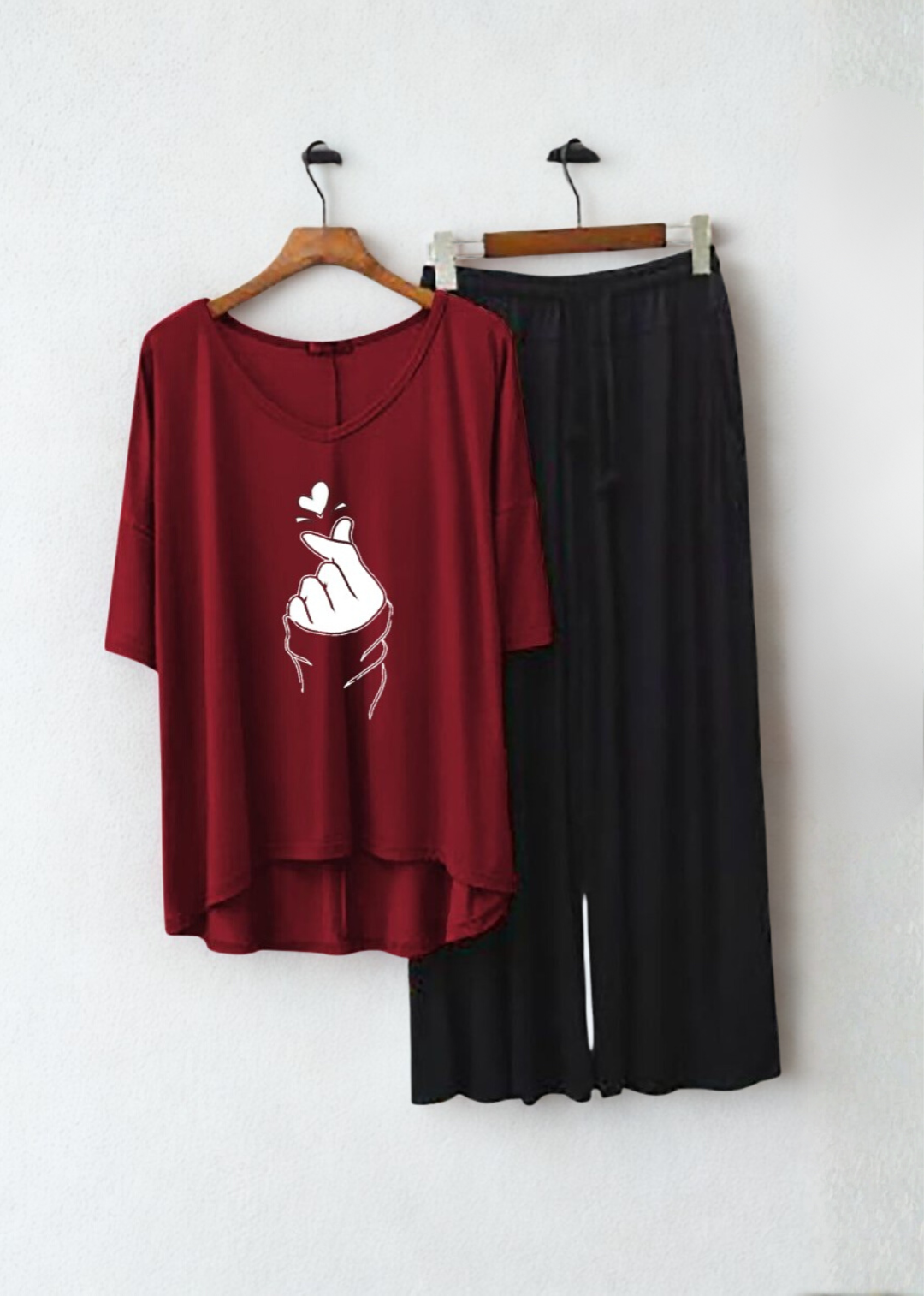 Maroon K-Pop Heart V Neck T Shirt with (Black Palazzo)