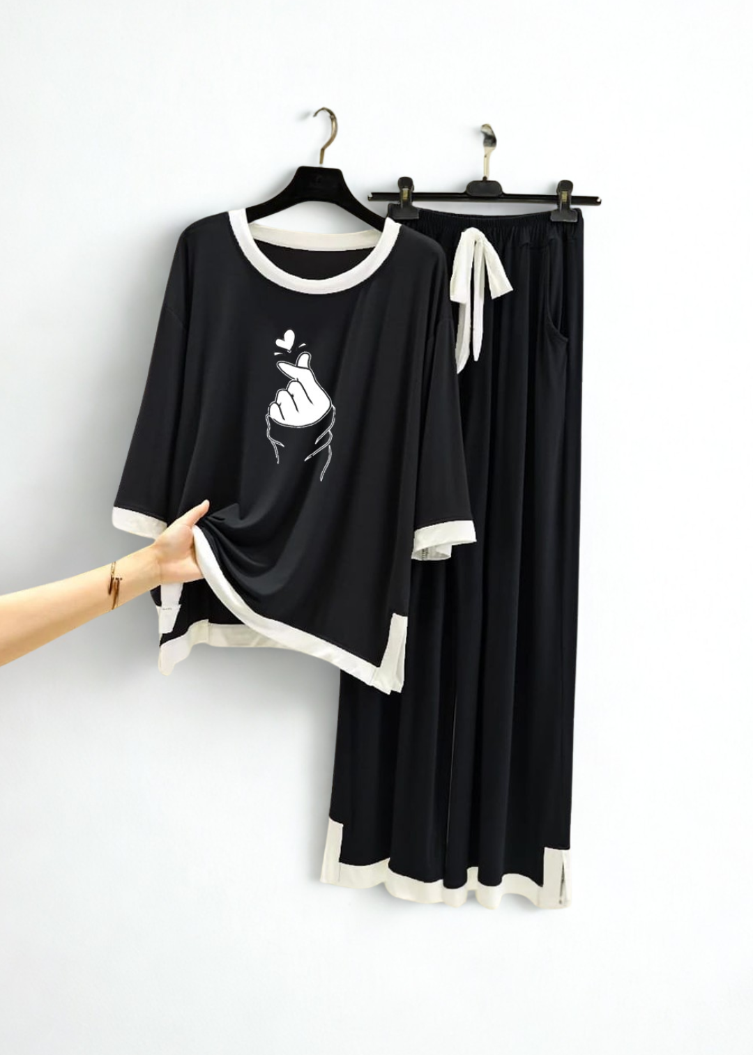 Black K Pop Heart White Round Neck Plazzo PJ Set