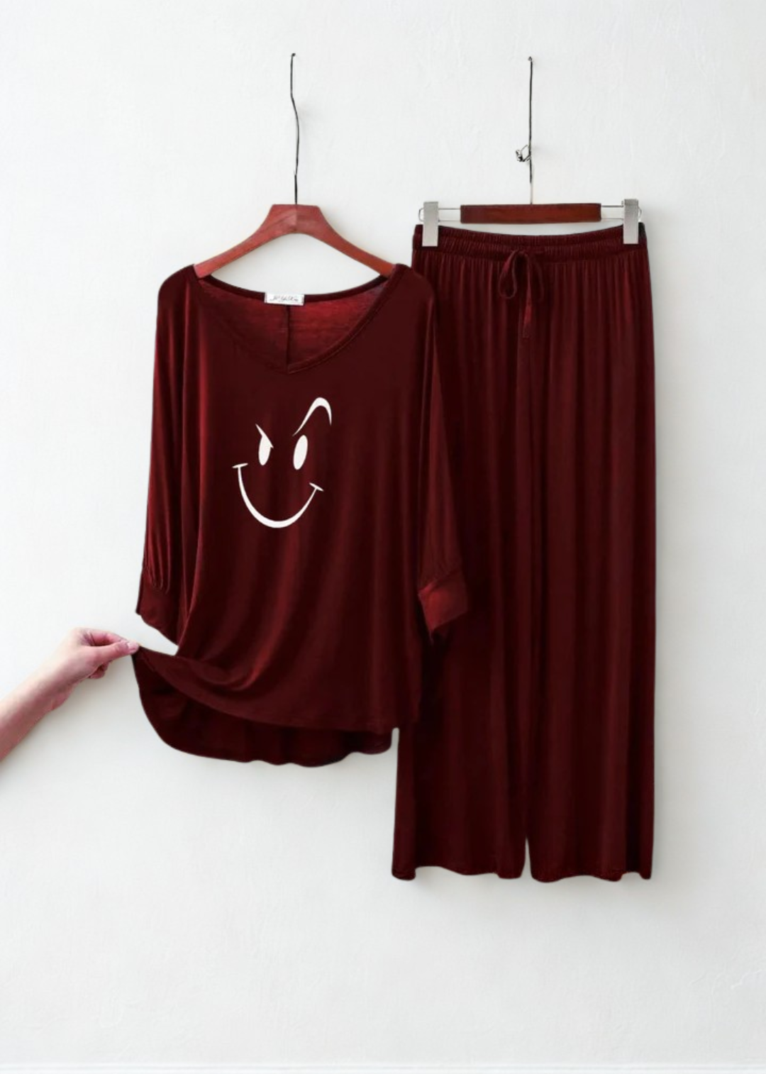 Maroon Smiley Face V-Neck Women Night Suit PJ Set