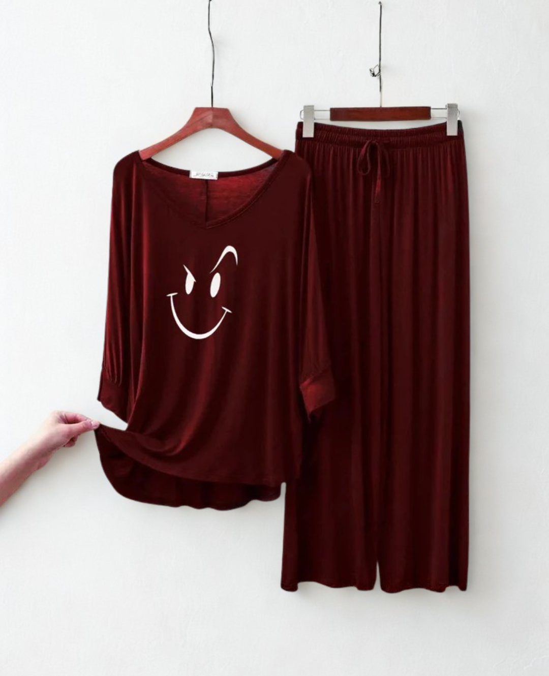 Maroon Smiley Face V-Neck Women Night Suit PJ Set