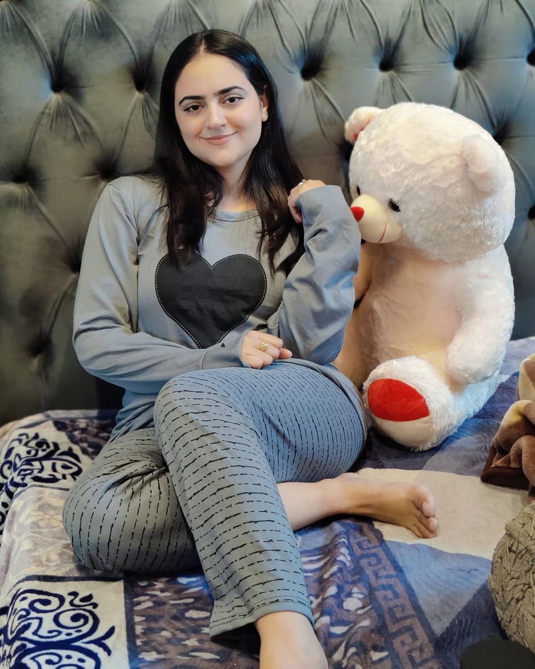 Grey Black Heart 2 PC Nightwear Nightdress