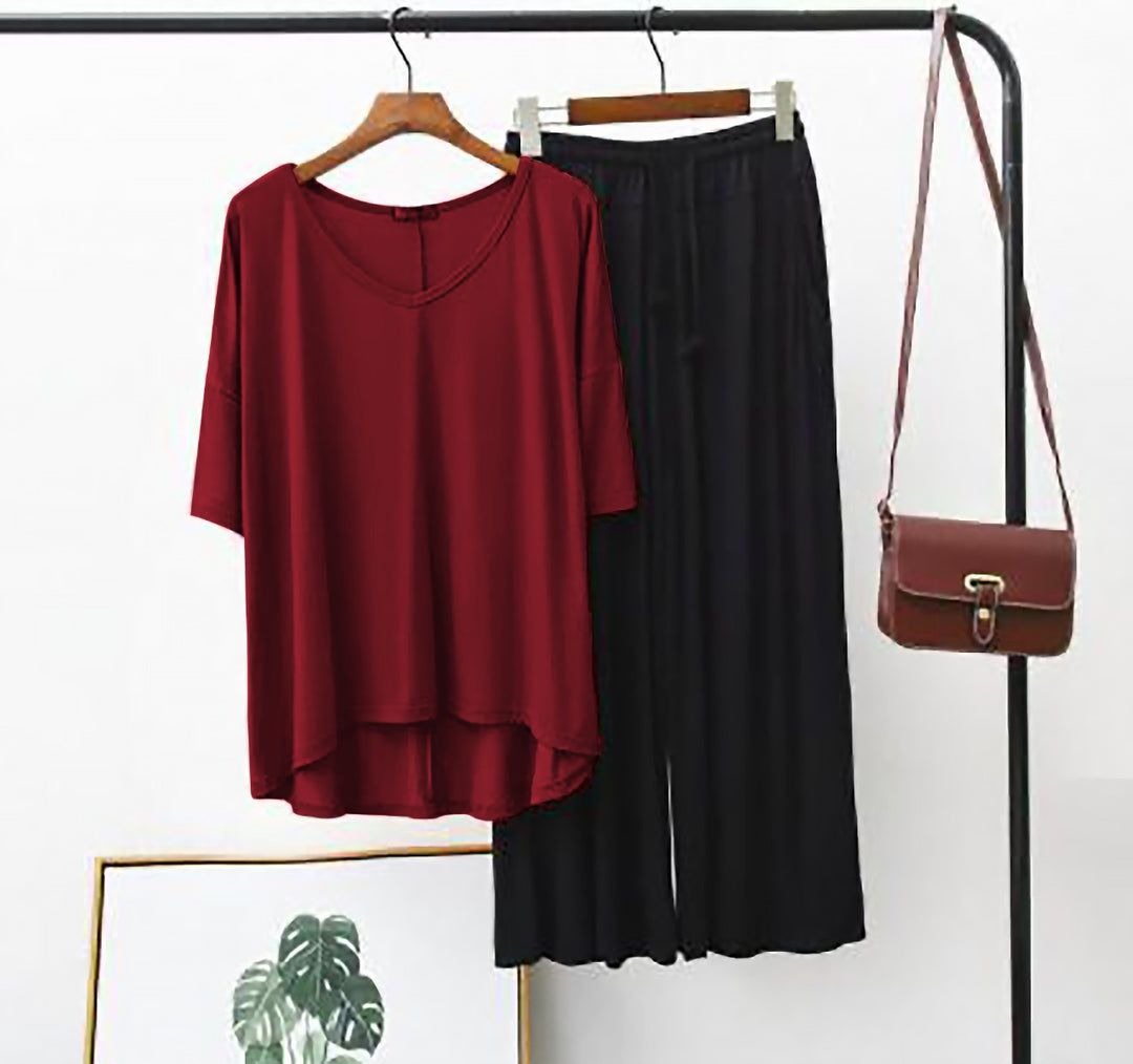 Plain Maroon V Neck T Shirt with (Black Palazzo)