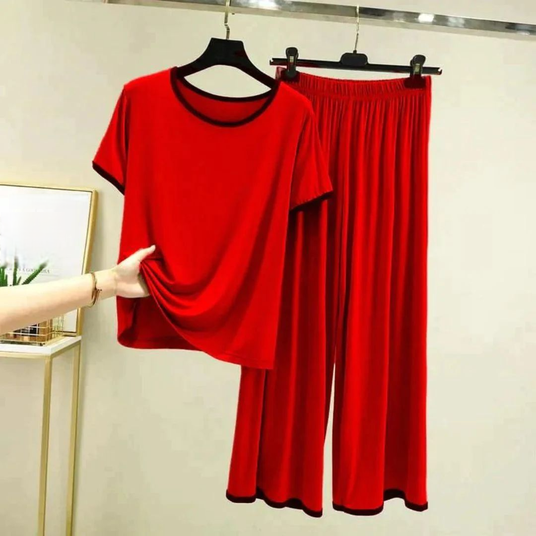 Plain Red Tshirt With Black Round Neck And PLazzo Pajama (Half Sleeves)