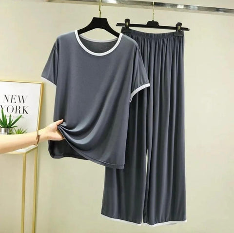 Plain Grey Tshirt With White Round Neck And PLazzo Pajama (Half Sleeves)