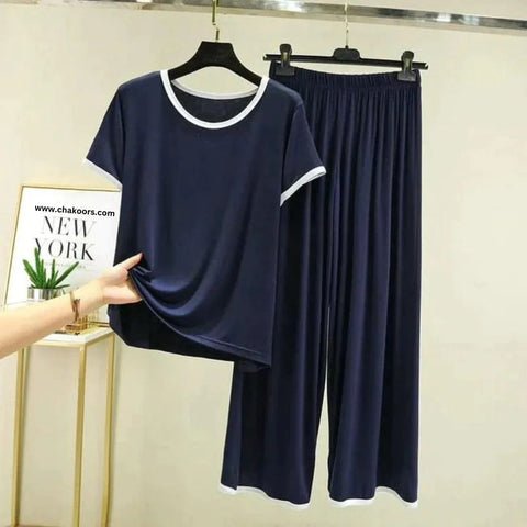 Plain Blue Tshirt With White Round Neck And PLazo Pajama (Half Sleeeves)