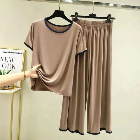 Plain Coffee Color T-shirt With Black Round Neck And PLazzo Pajama (Half Sleeves)
