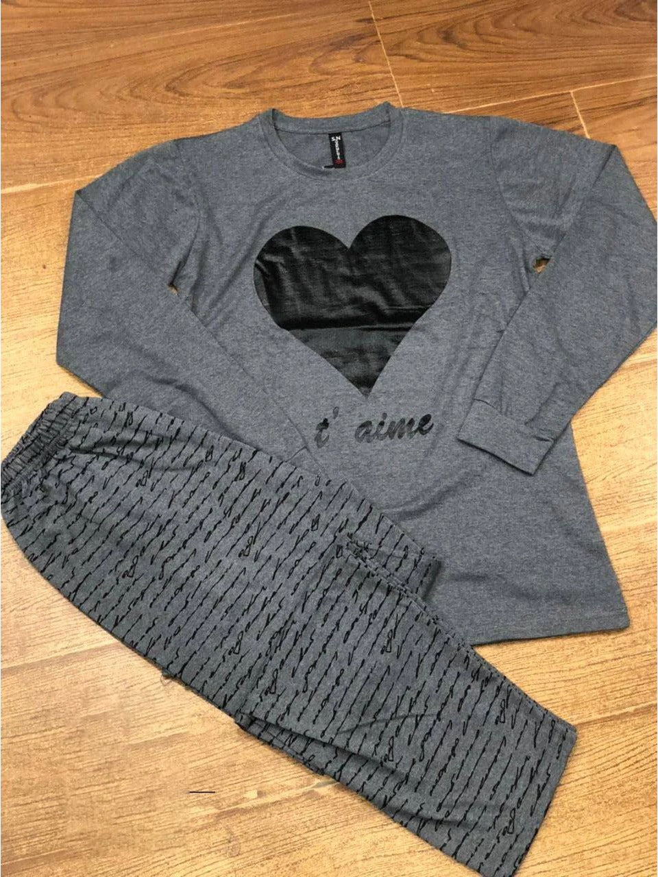 Grey Black Heart 2 PC Nightwear Nightdress