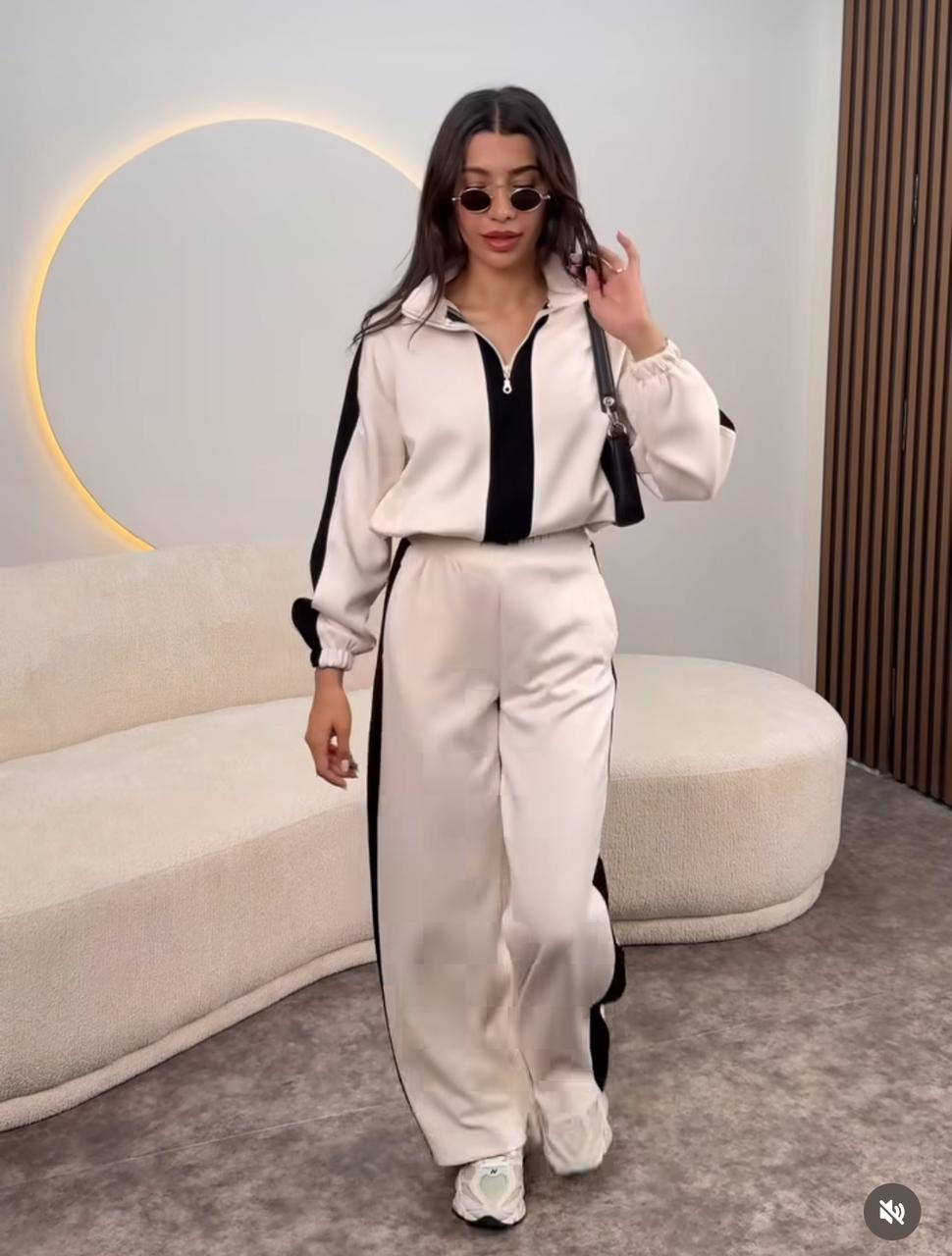 Zipper twin color winter fleece fabric track suit - Beige and Black