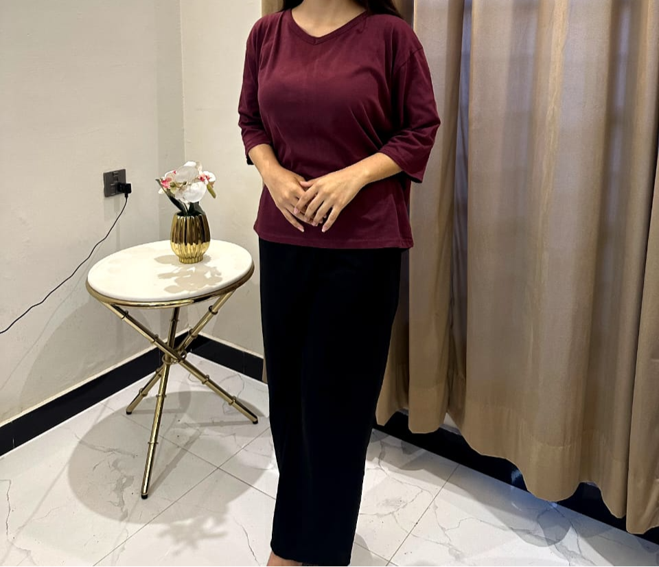 Plain Maroon V Neck T Shirt with (Black Palazzo)