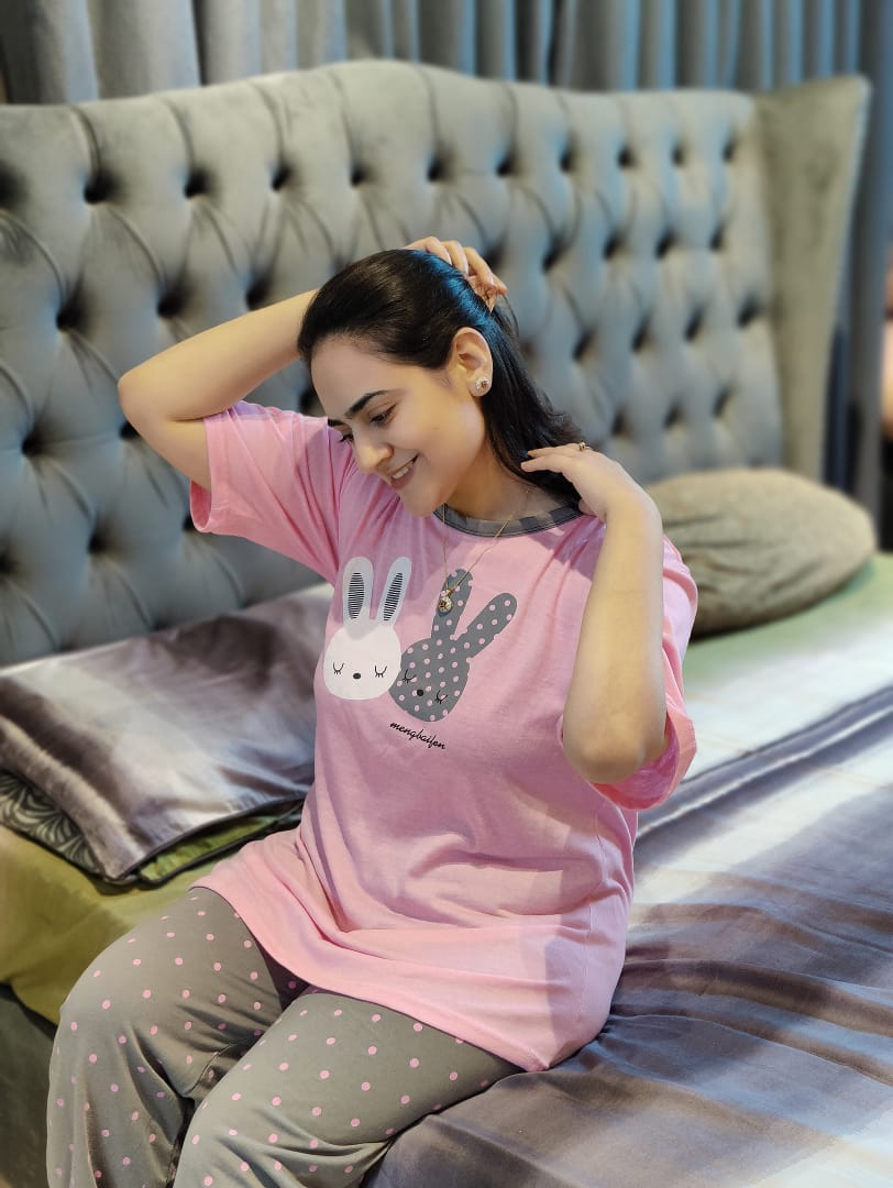 Pink Rabbit 2 PC Nightwear Nightdress