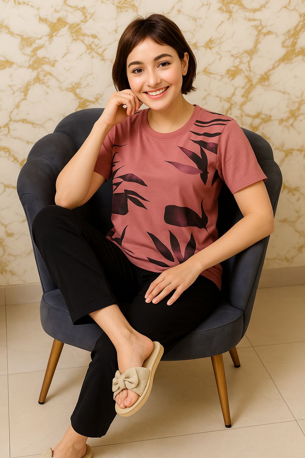 Pink Breeze Nightwear (with Black Trousers)