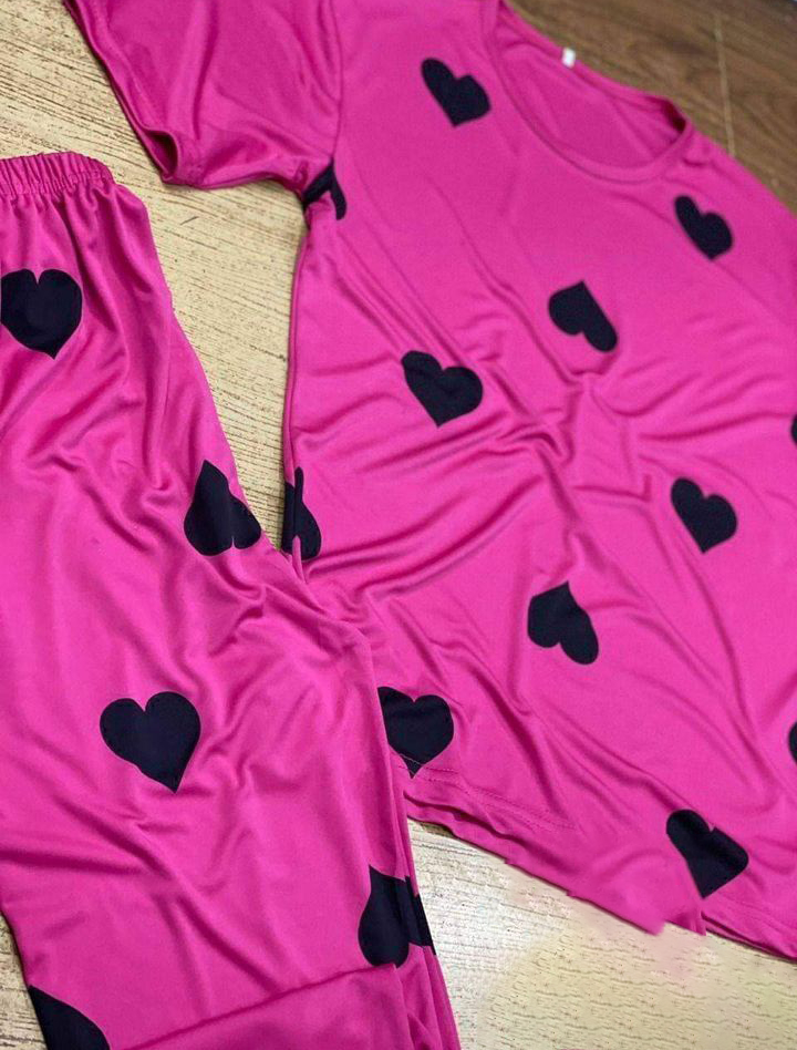 Pink Black Hearts Pattern 2 PC Nightwear Nightdress
