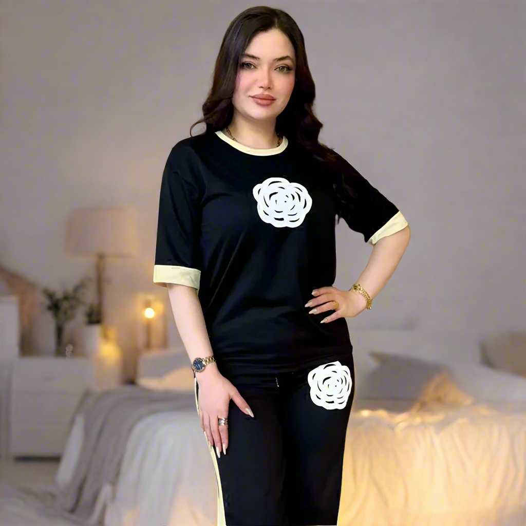 Black Flower Style Tracksuit Night suit