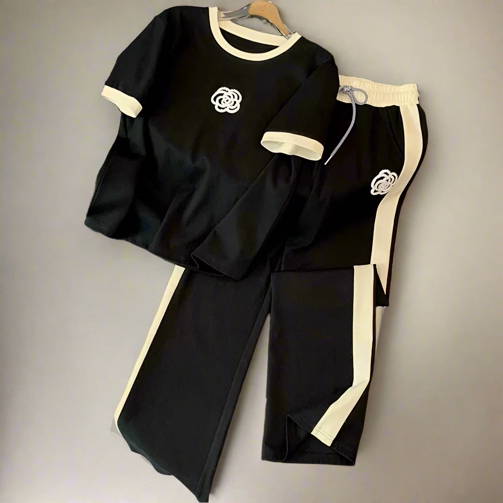 Black Flower Style Tracksuit Night suit