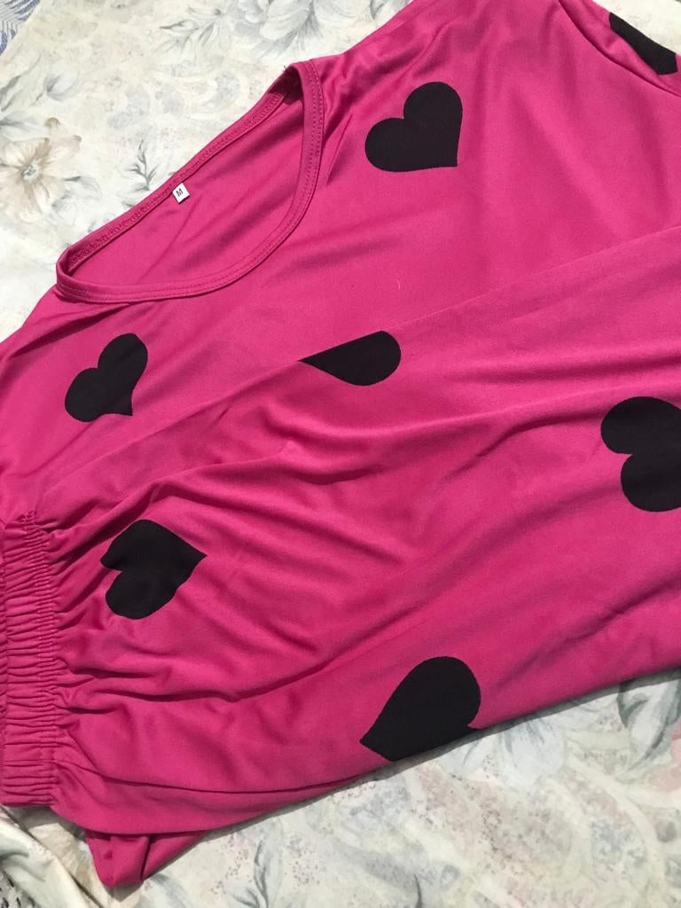 Pink Black Hearts Pattern 2 PC Nightwear Nightdress