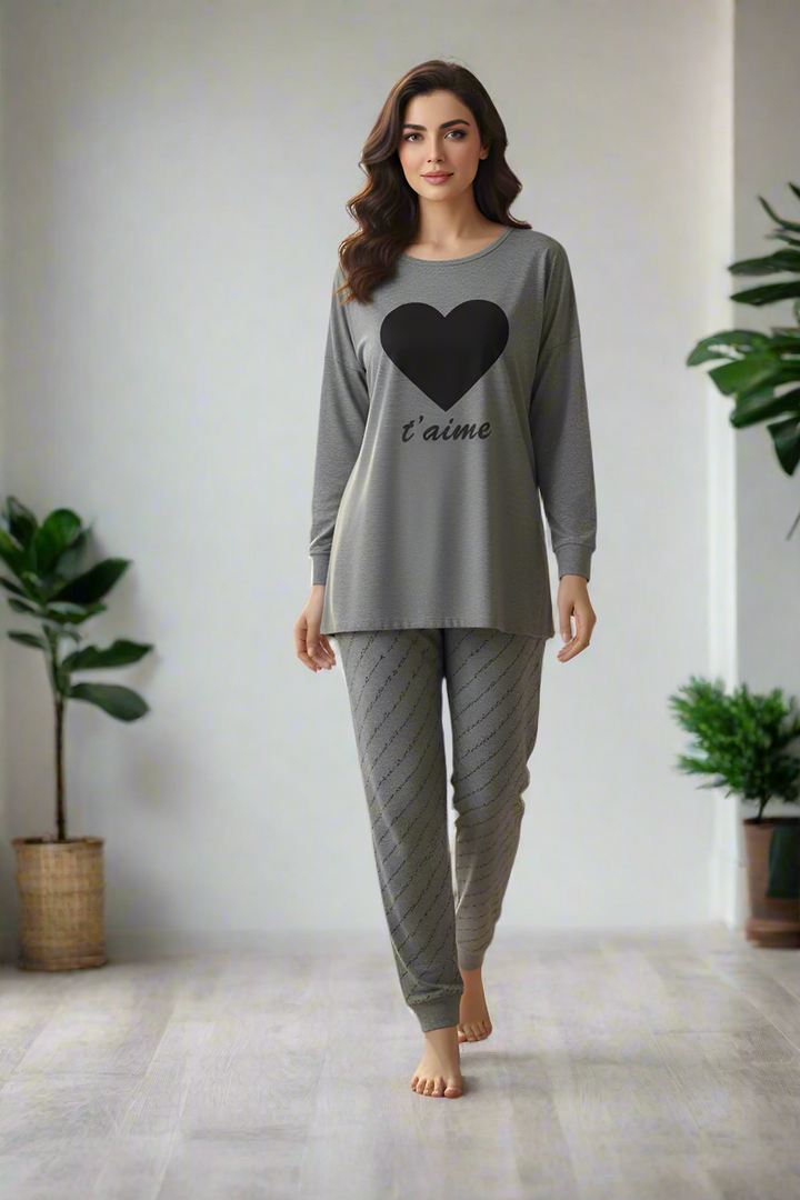 Grey Black Heart 2 PC Nightwear Nightdress
