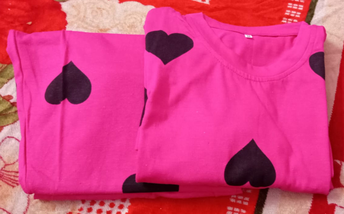Pink Black Hearts Pattern 2 PC Nightwear Nightdress