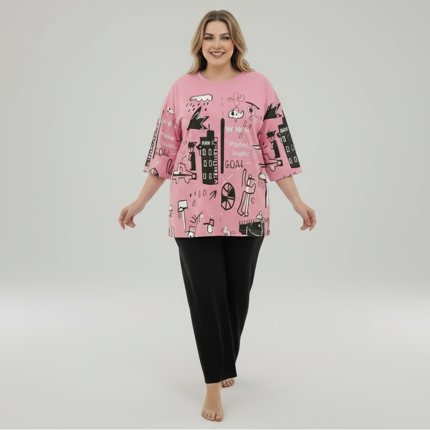 Pink City Groove Oversized Nightwear Casual Wear(with Black Plain Trouser)