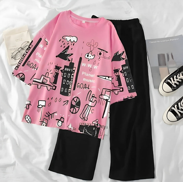 Pink City Groove Oversized Nightwear Casual Wear(with Black Plain Trouser)