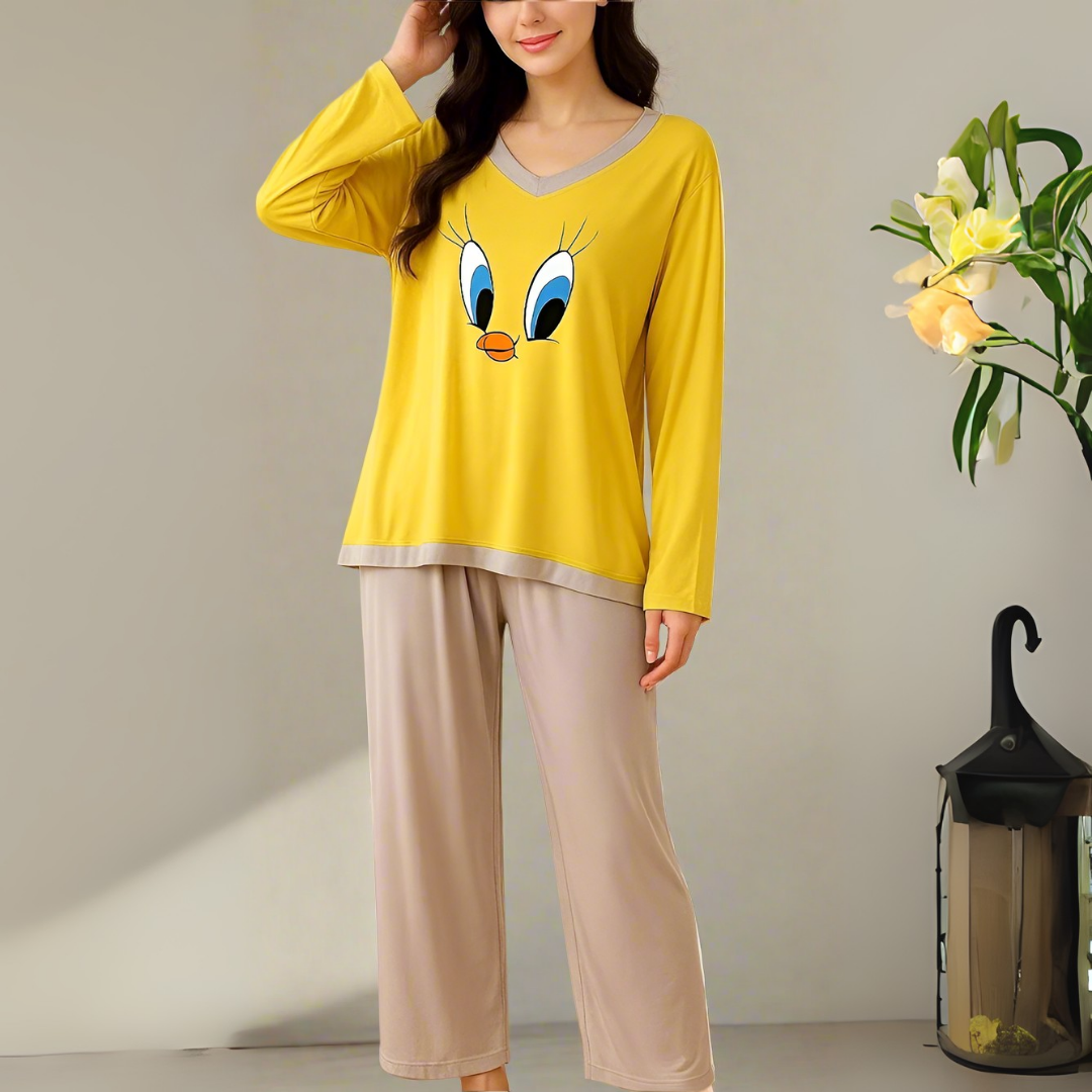 Yellow Dafy V-Neck T Shirt with Contrast Trouser PJ Set