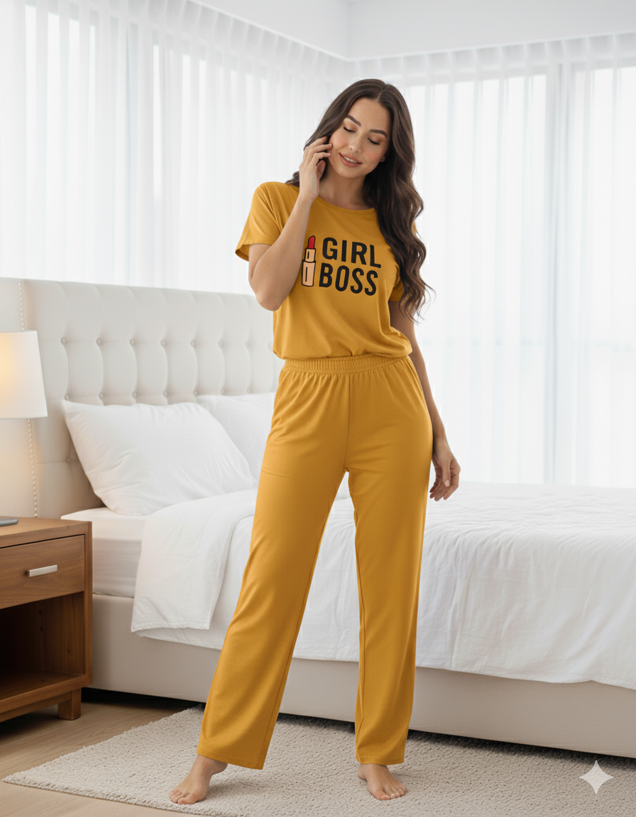Yellow Girl Boss Printed Flapper Style Night Wear