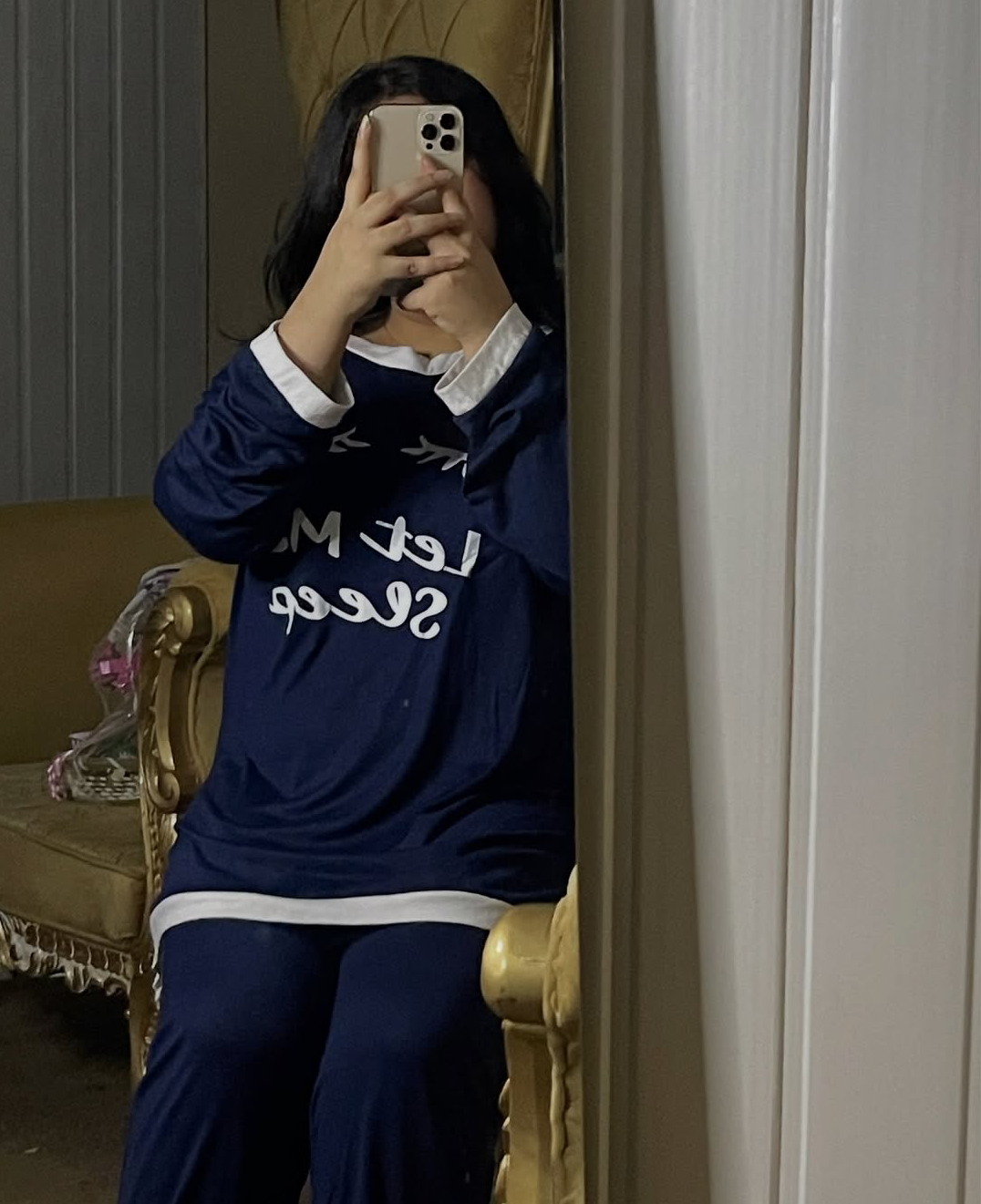 Navy Blue let me sleep White Round Neck Plazzo PJ Set