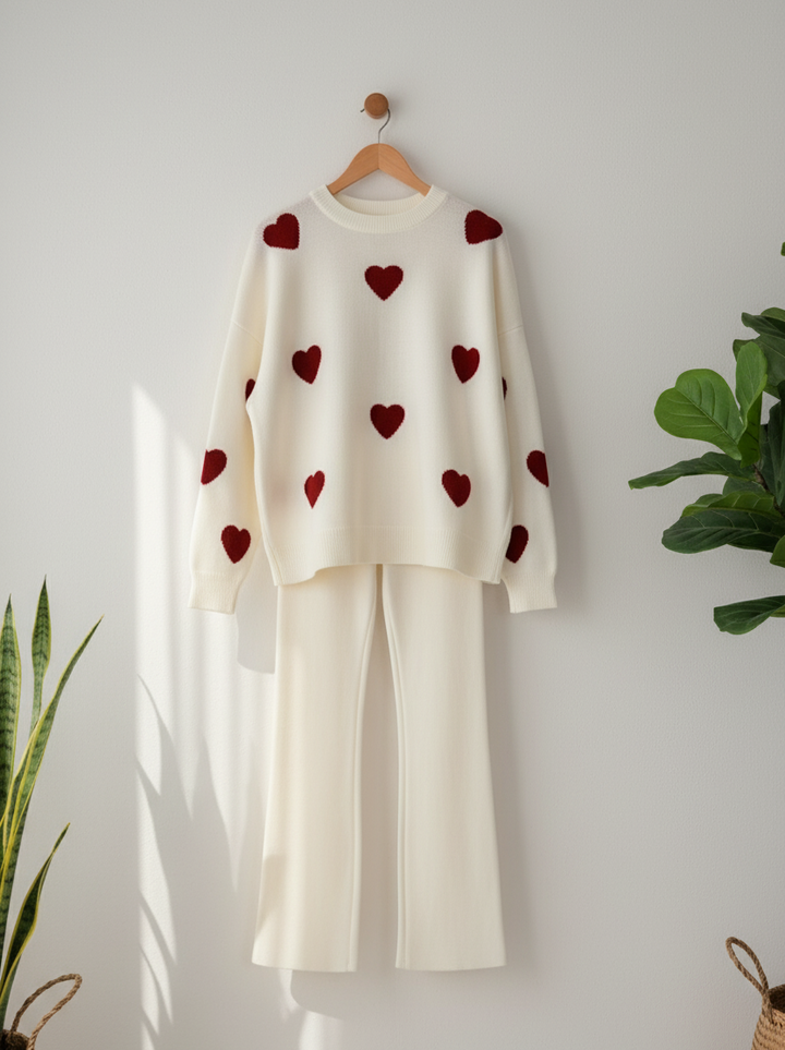 Heart printed warm winter fleece co ord Set - White and Red