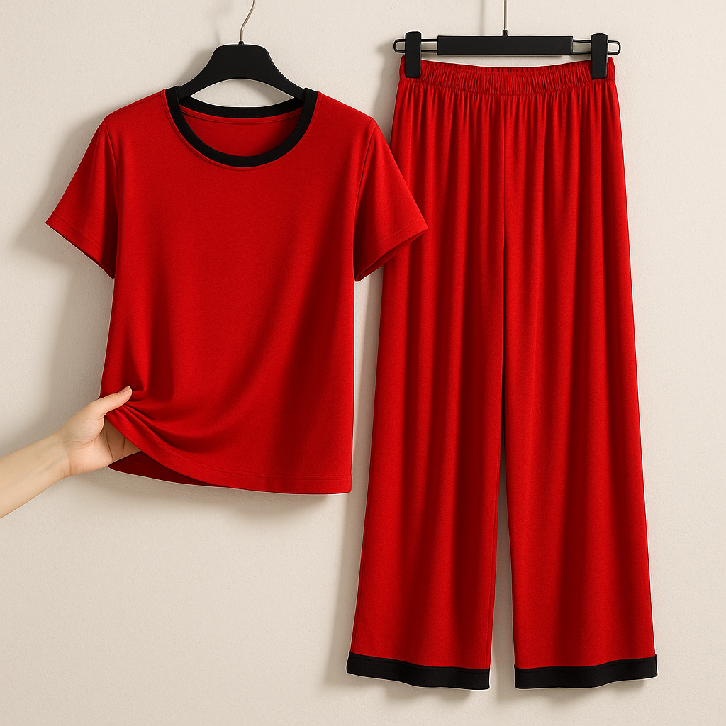 Plain Red Tshirt With Black Round Neck And PLazzo Pajama (Half Sleeves)