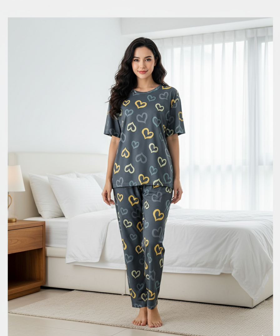 Multi Hearts Pattern Grey 2 PC Nightwear Nightdress